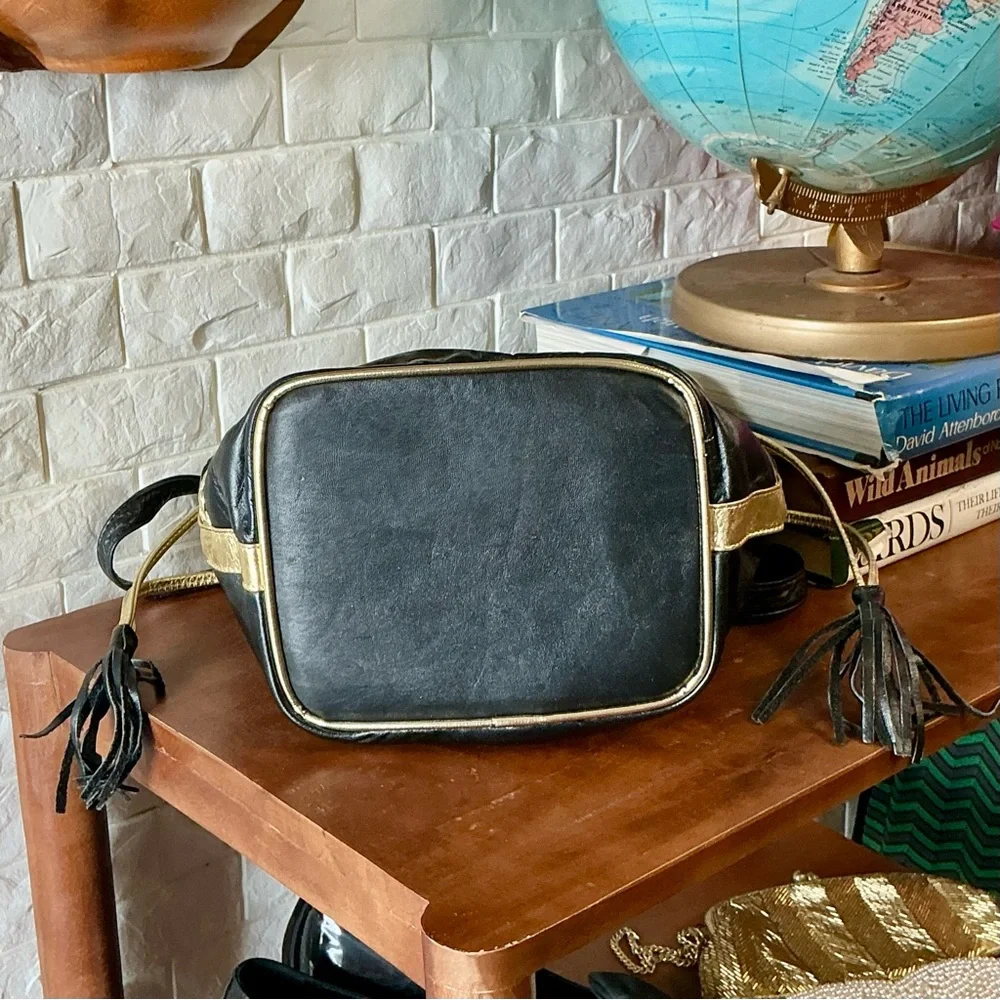 Vintage 1980s 90s Leather Drawstring Bucket Bag Woven Patchwork + Tassel Detail - Picture 11 of 13